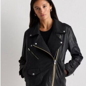 As new, Quince 100% leather oversized biker jacket, size L